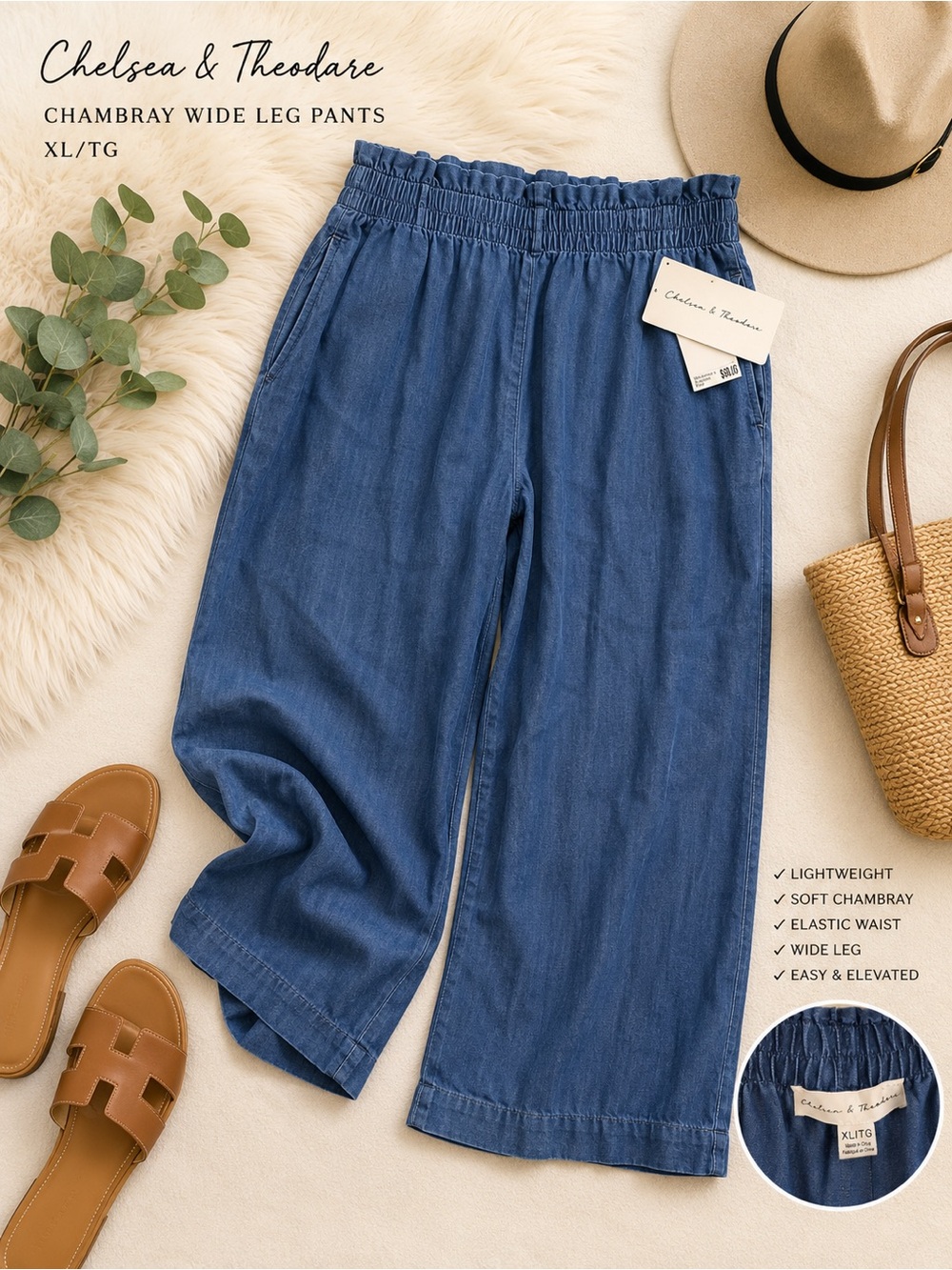 Chelsea & Theodore Relaxed Chambray Wide-Leg Pants - Denim Blue